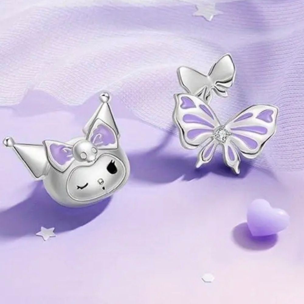 Silver Kuromi & Purple Bow Mismatch Stud Earrings